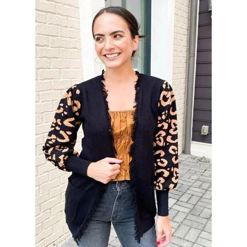 THML ZAMBEZI PUFF SLEEVE LEOPARD PRINT CARDIGAN Size Medium